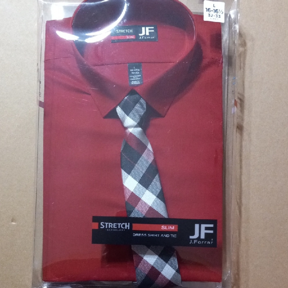 jf j.ferrar Men's Bold Red Dress Shirt with Checkered Tie